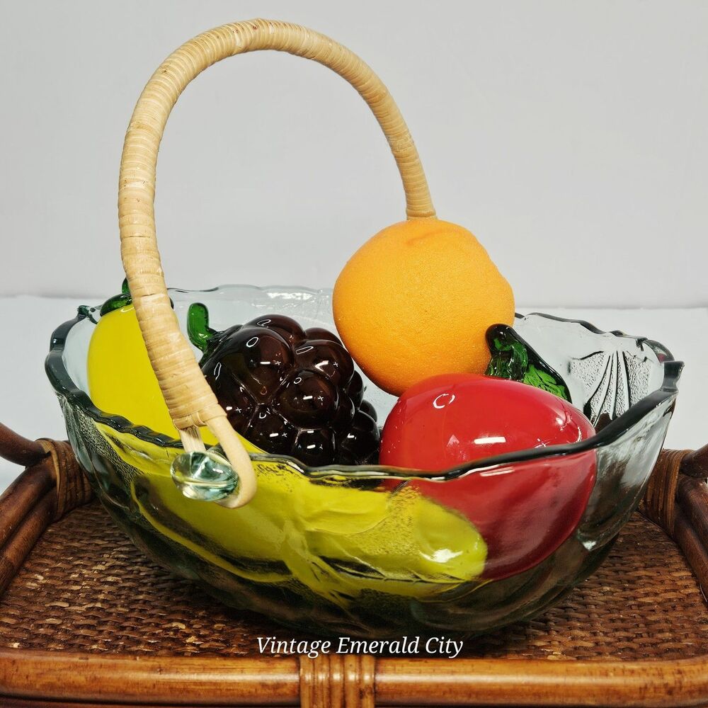 Vtg Libbey Glass Fruit Orchard Oval Bowl Basket Rattan Wicker Handle Green Tint